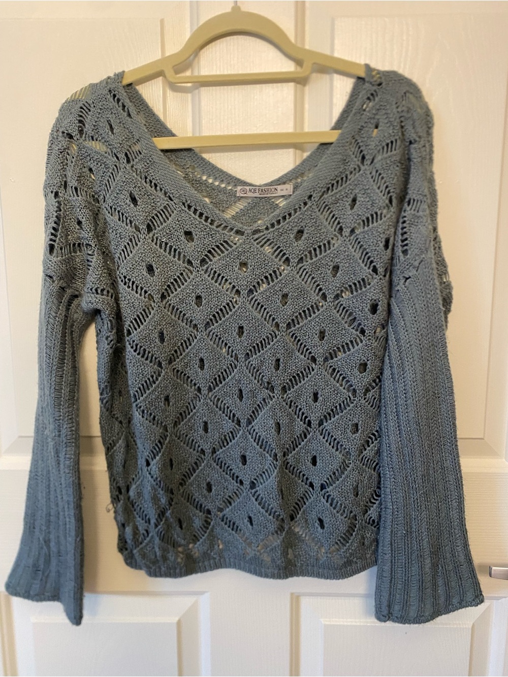 Open-Knit V-Neck Women's Sweater in Dusty Blue